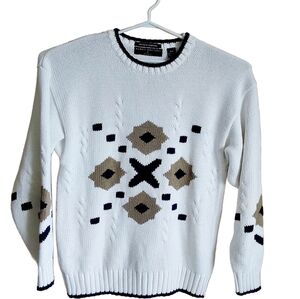H. Grethel Chunky Sweater White Beige Brown Black. Geometric design Crew…